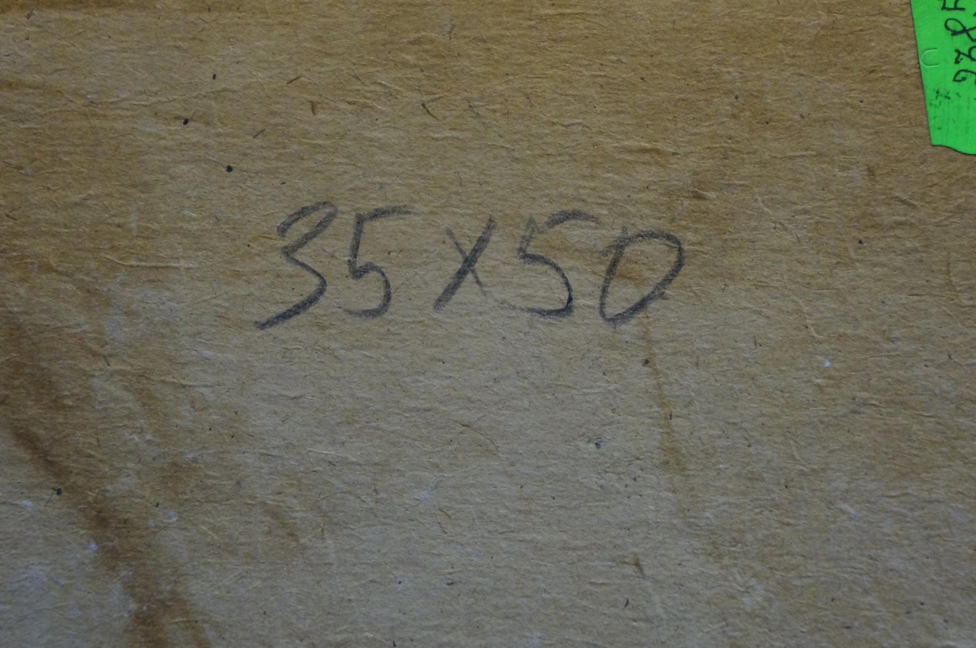 Back of Oil painting Food on the table with handwritten 35x50 in black ink on beige texture