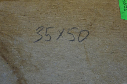 Back of Oil painting Food on the table with handwritten 35x50 in black ink on beige texture