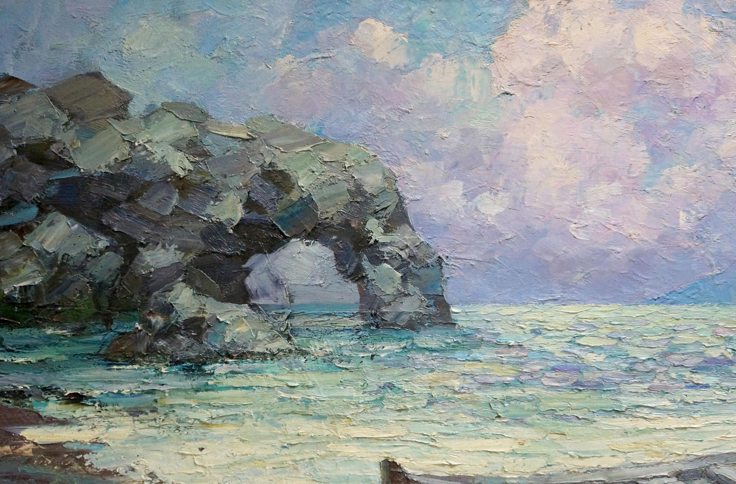 Oil painting of boats near shore by Smirnov Evgeny Vladimirovich