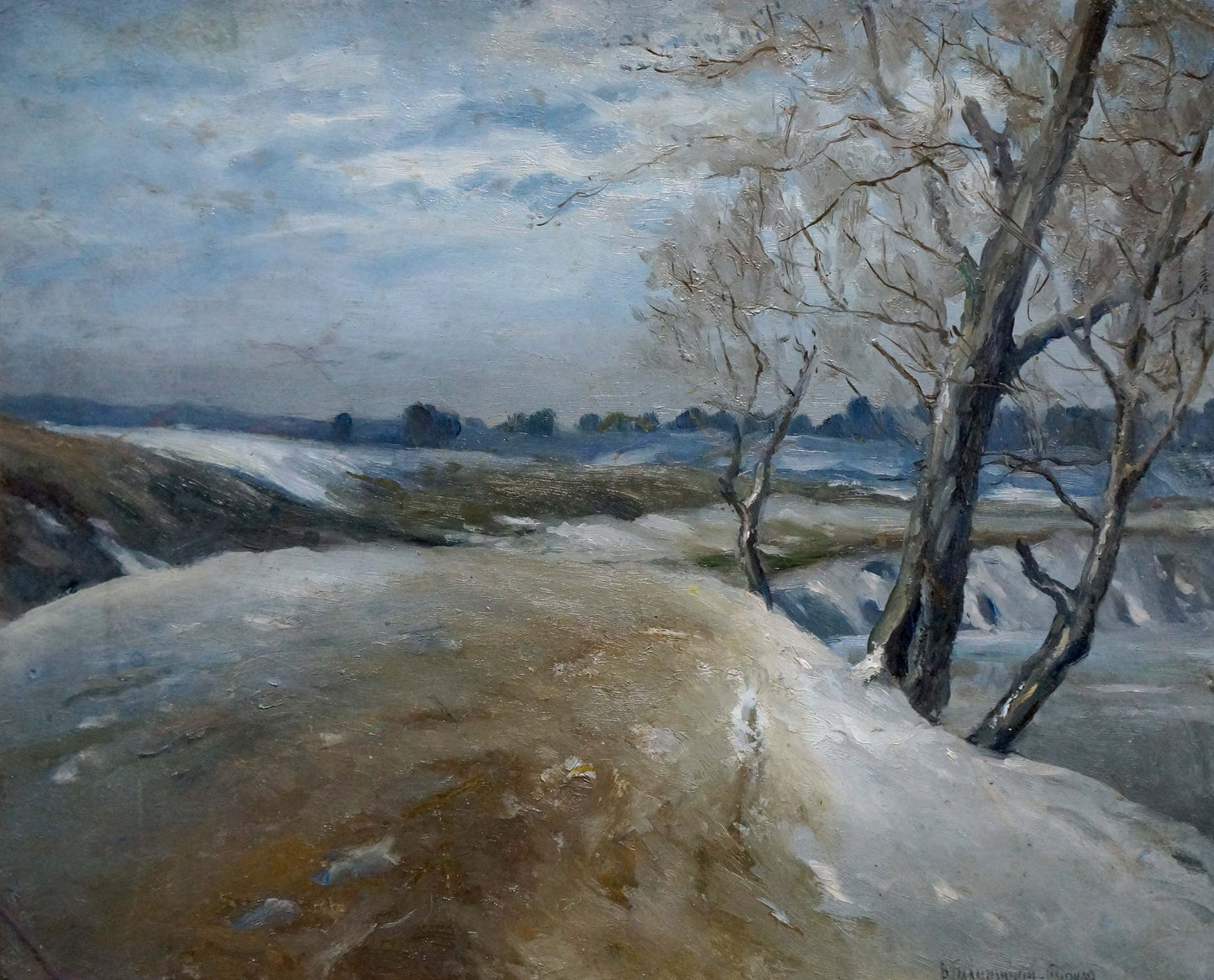 Oil painting of cloudy winter landscape with snow-dusted trees, unknown artist