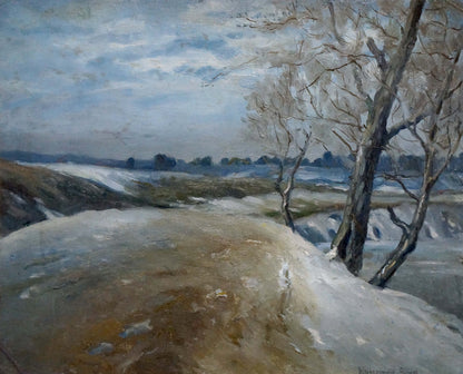 Oil painting of cloudy winter landscape with snow-dusted trees, unknown artist