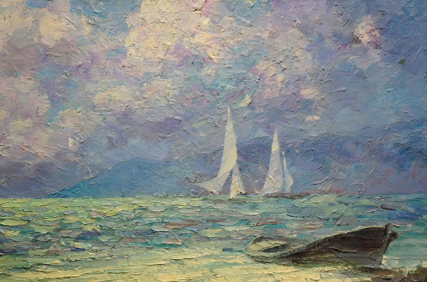 Textured impressionist oil painting of boats near shore by Smirnov Evgeny Vladimirovich