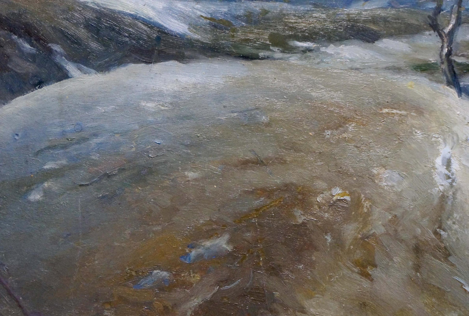 Oil painting of cloudy winter landscape, textured earth tones, unknown artist