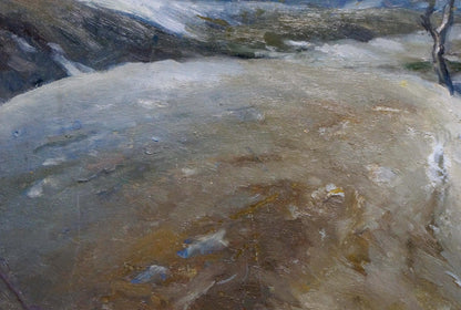 Oil painting of cloudy winter landscape, textured earth tones, unknown artist