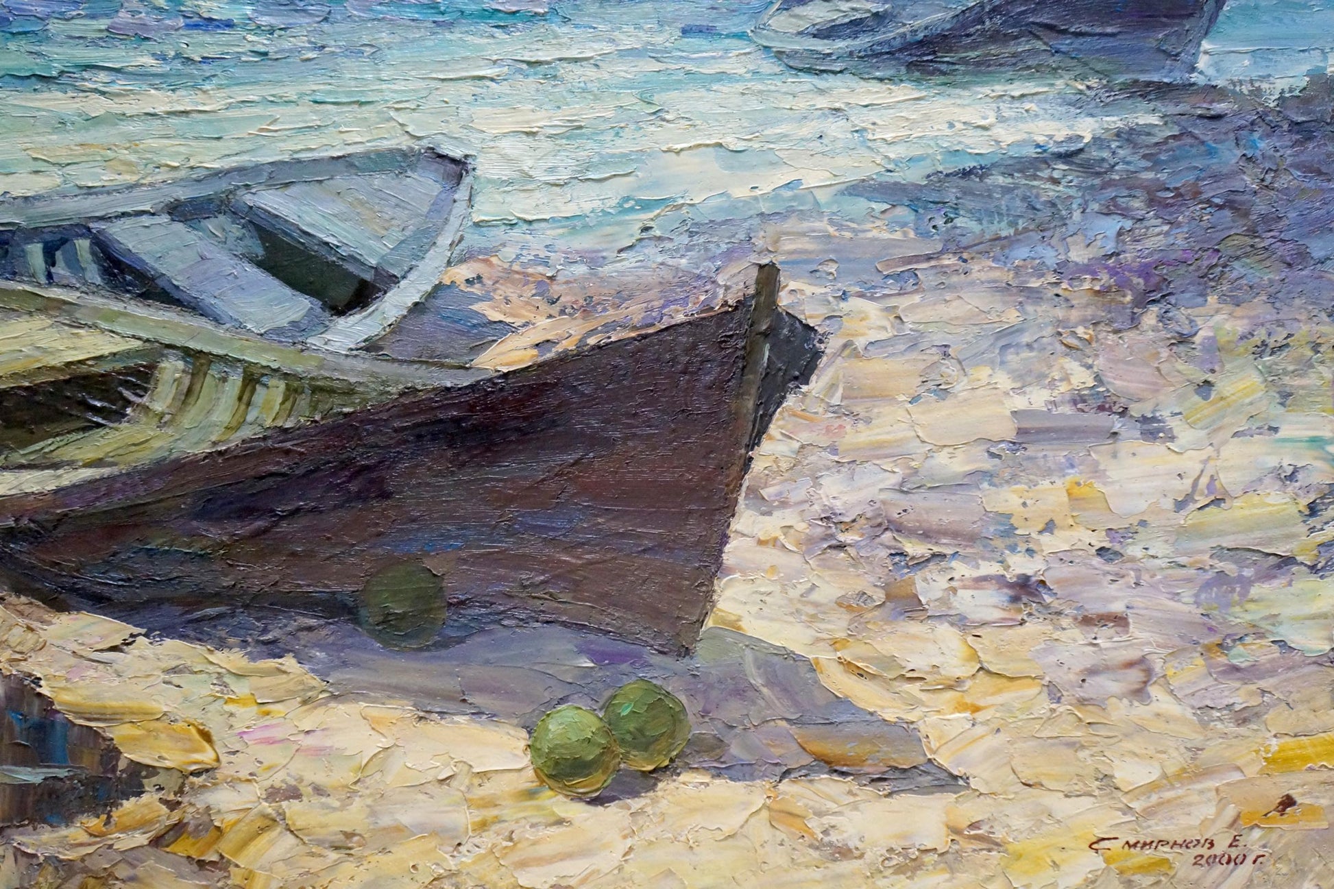 Oil painting of weathered boat on pebbled shore by Smirnov Evgeny Vladimirovich