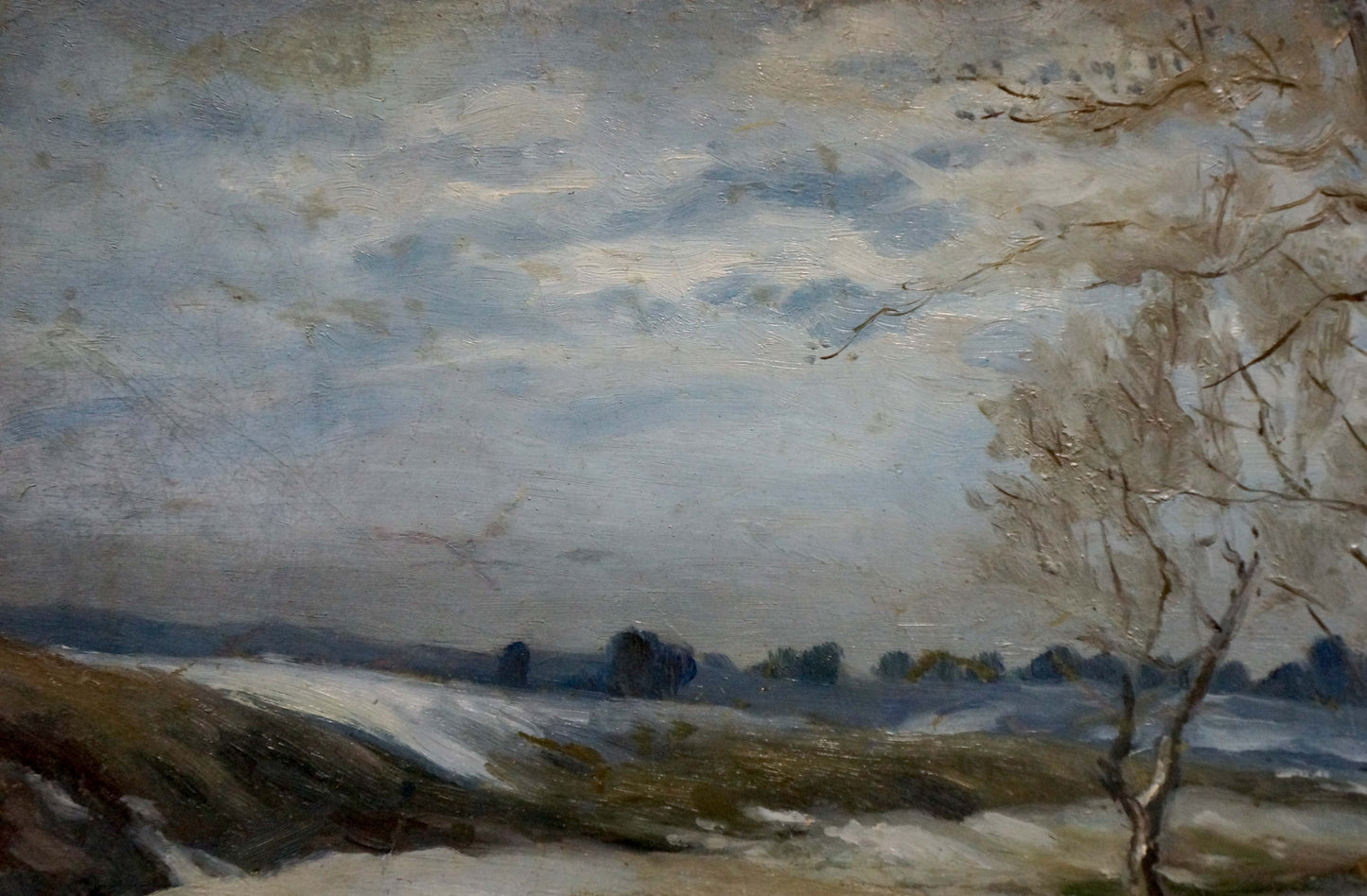 Oil painting of cloudy winter landscape by unknown artist, snow-dusted field