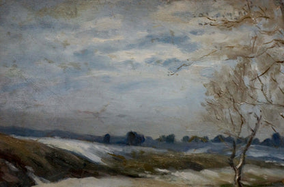 Oil painting of cloudy winter landscape by unknown artist, snow-dusted field