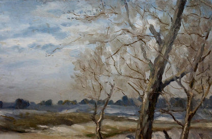 Oil painting of cloudy winter landscape with gnarled trees, unknown artist