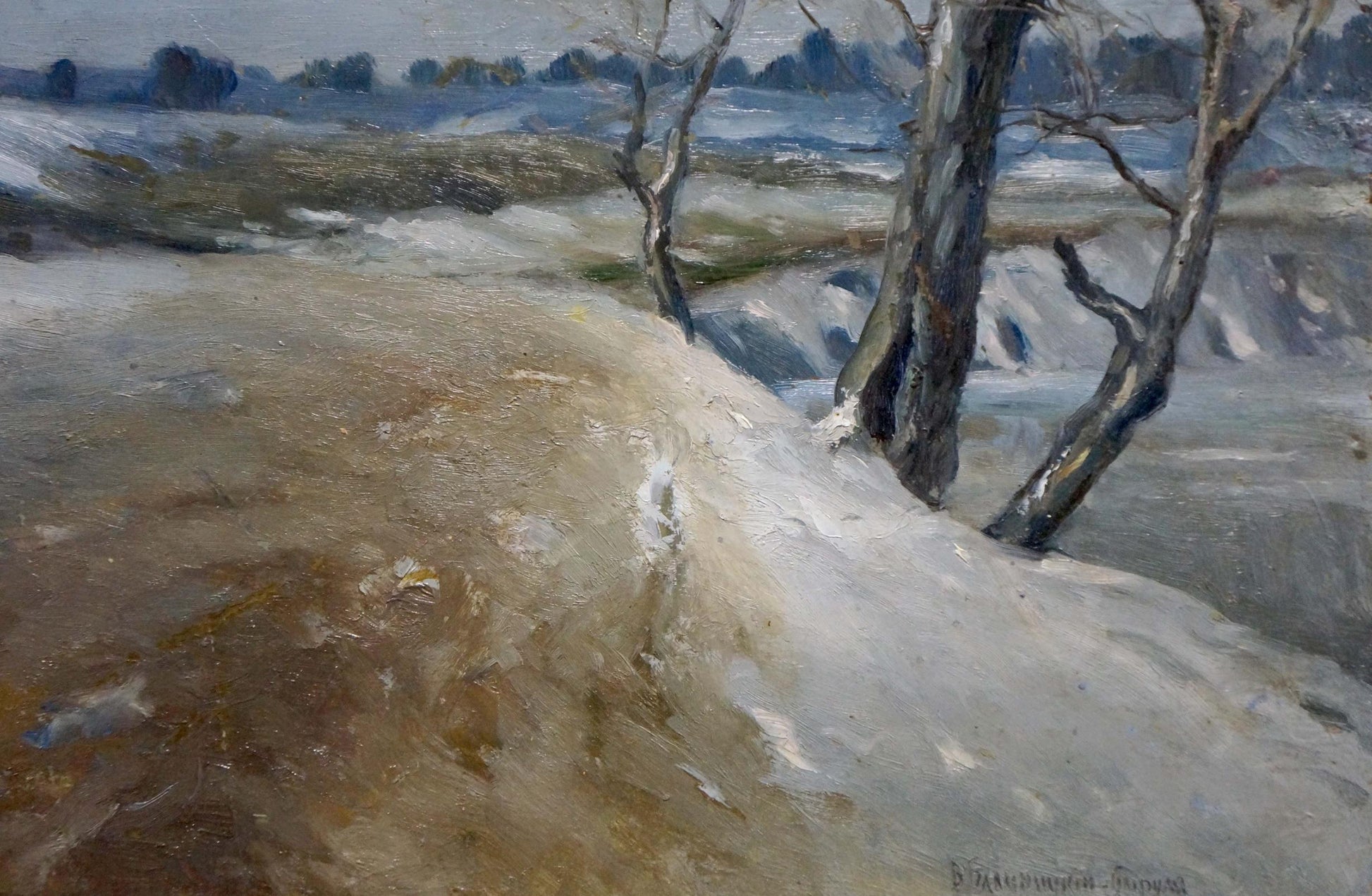 Textured oil painting of cloudy winter snowy landscape with bare trees
