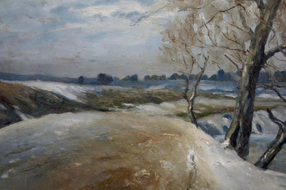 Oil painting of cloudy winter landscape by unknown artist