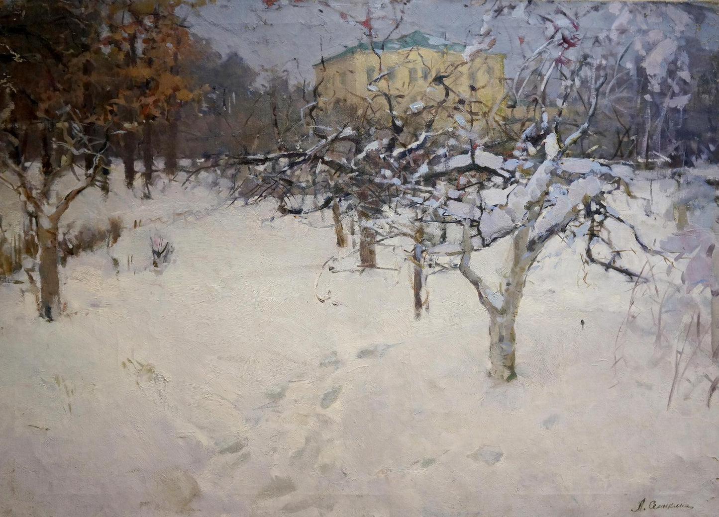 Oil painting of snow-covered trees in winter landscape by Semykina Lyudmila Nikolaevna