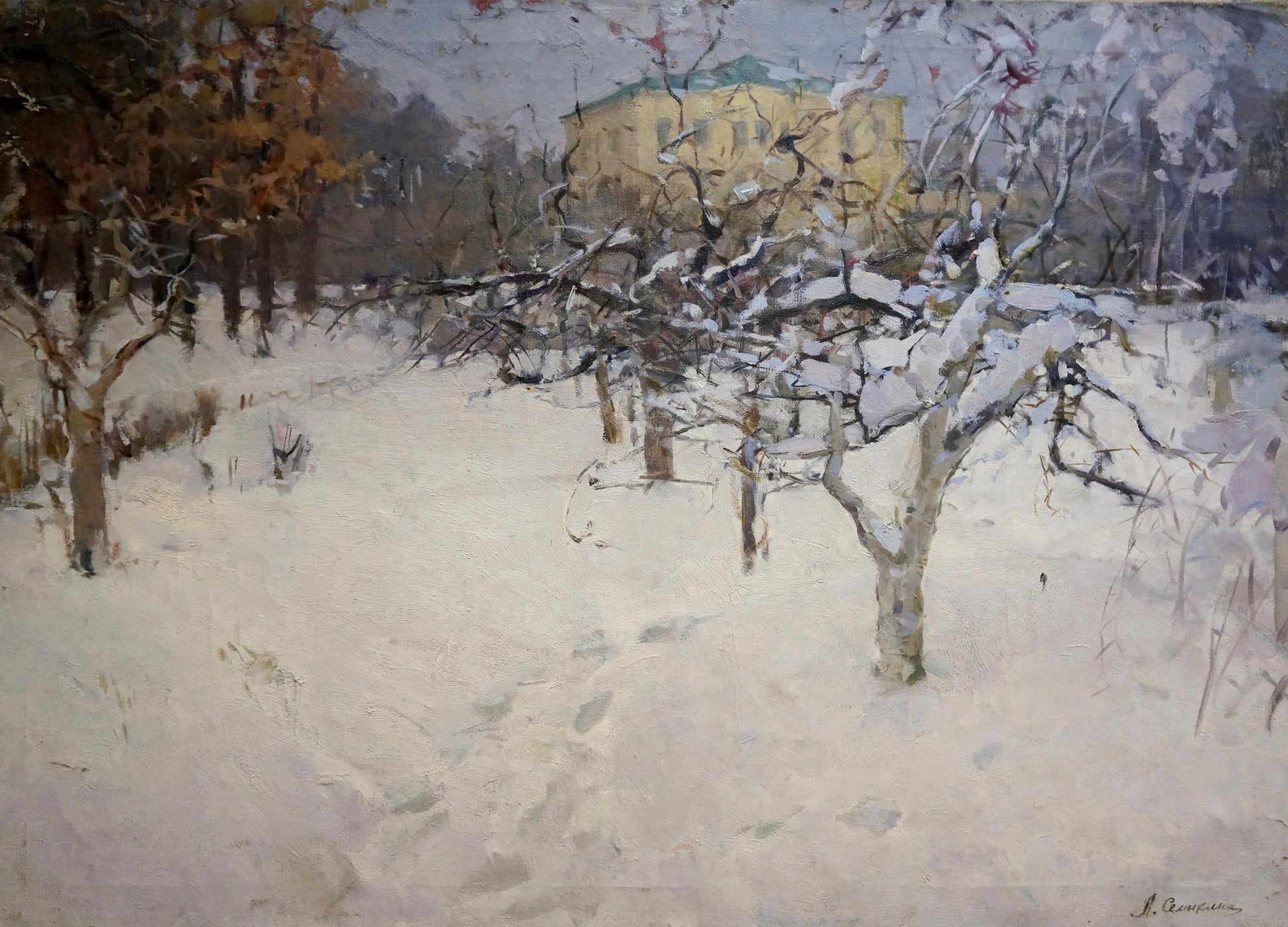 Oil painting of snow-covered trees in winter landscape by Semykina Lyudmila Nikolaevna