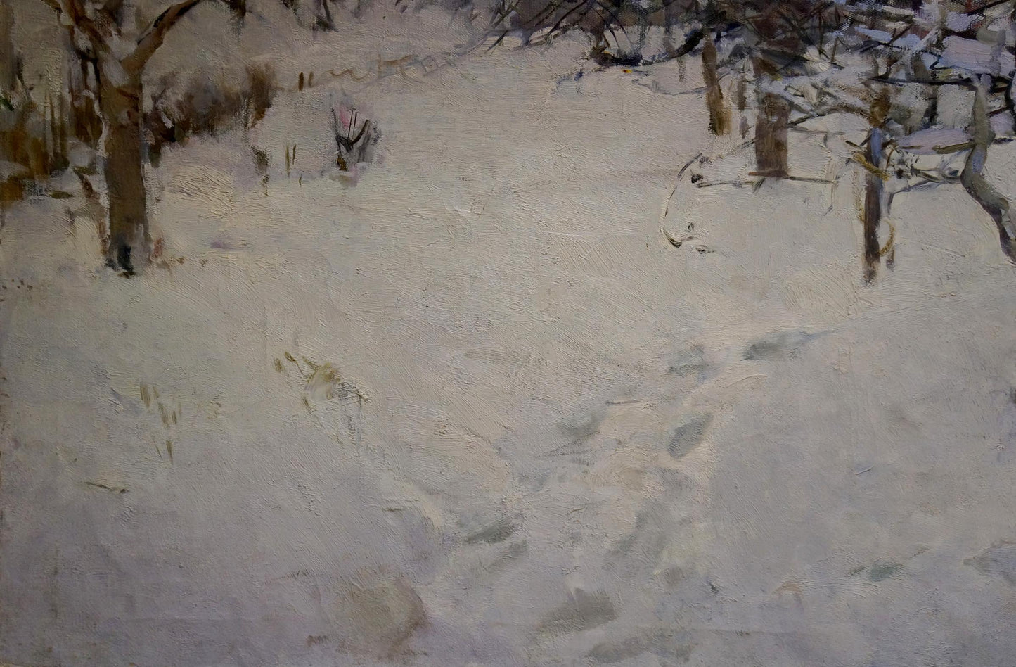 Oil painting of snowy winter landscape with bare trees and footprints by Semykina Lyudmila Nikolaevna