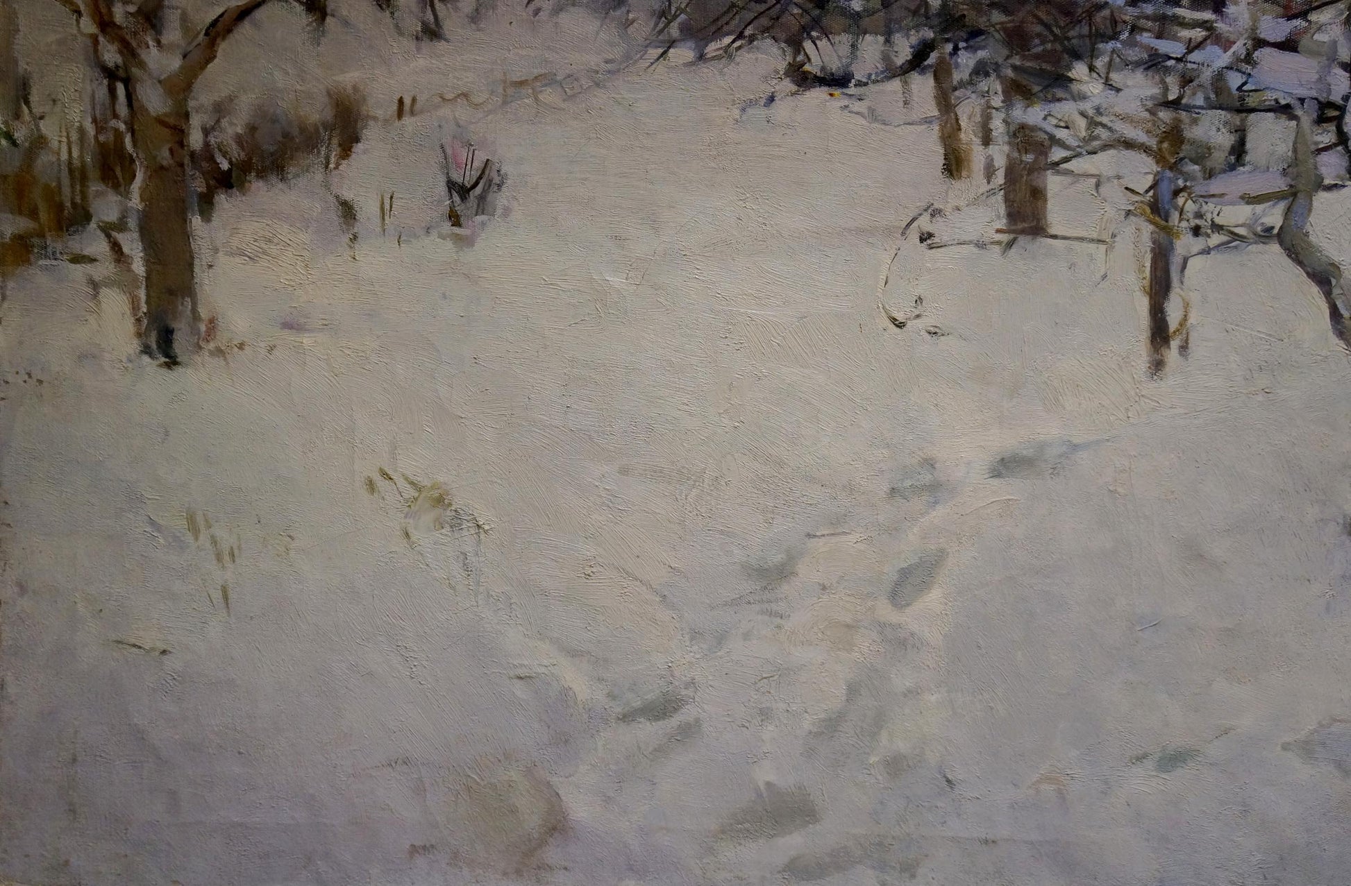 Oil painting of snowy winter landscape with bare trees and footprints by Semykina Lyudmila Nikolaevna