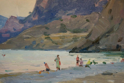 Oil painting of children by the shore by Bortnikov Nikolay Fedorovich