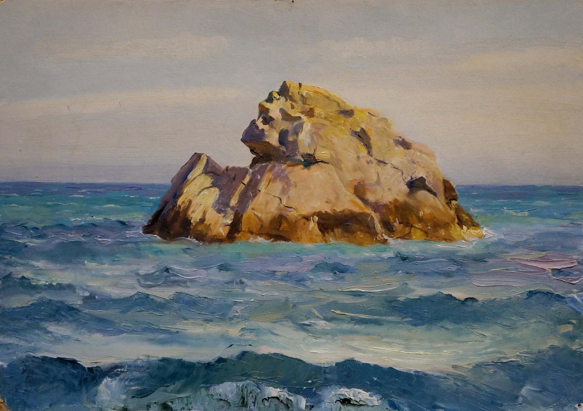 Oil painting of textured golden-brown rocks in turbulent sea by Vladimir Matyushkov
