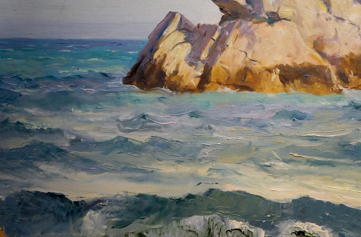 Oil painting Rocks in the sea by Vladimir Matyushkov: rugged cliff and waves
