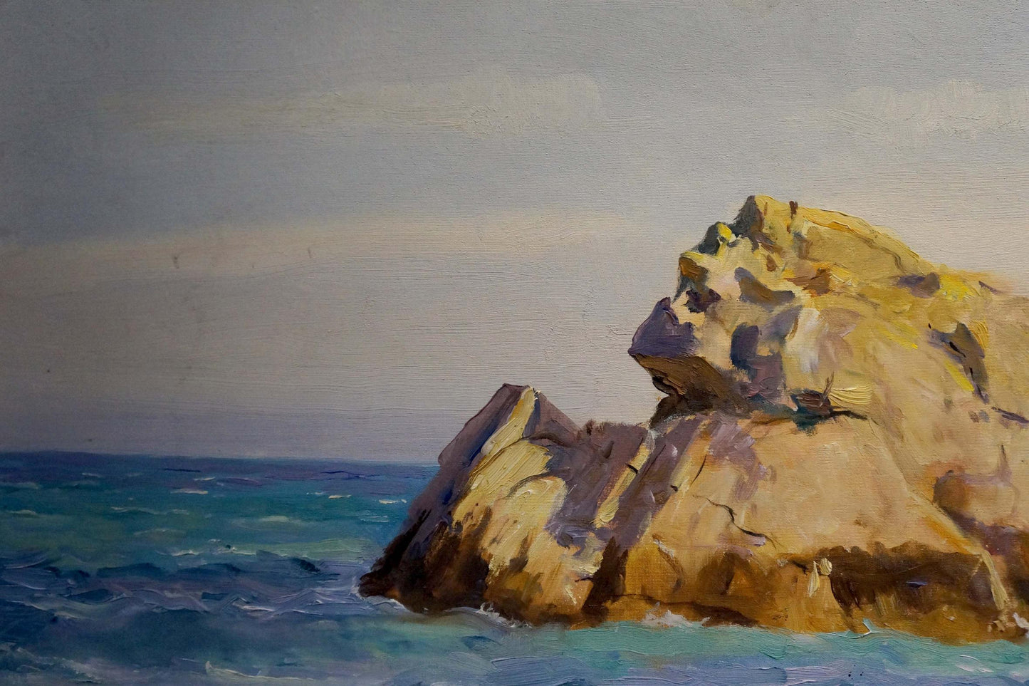 Oil painting of ochre gray rocks in turquoise sea by Vladimir Matyushkov