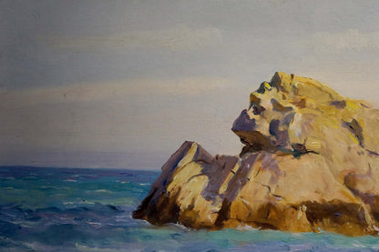 Oil painting of ochre gray rocks in turquoise sea by Vladimir Matyushkov