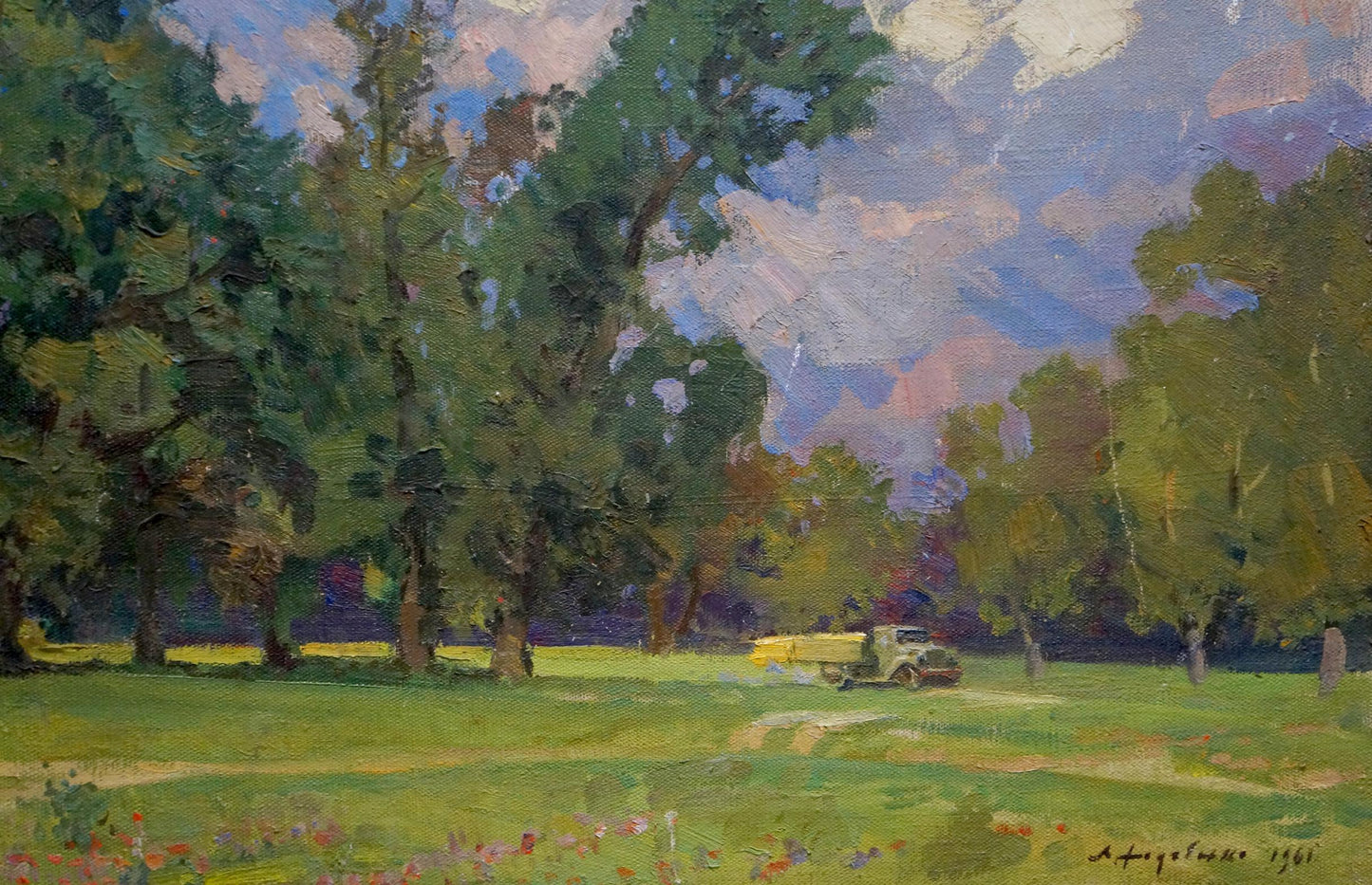 Vintage yellow truck in sunlit green field under tall trees, Khodchenko oil painting