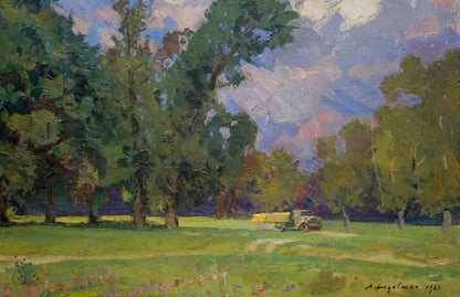 Vintage yellow truck in sunlit green field under tall trees, Khodchenko oil painting