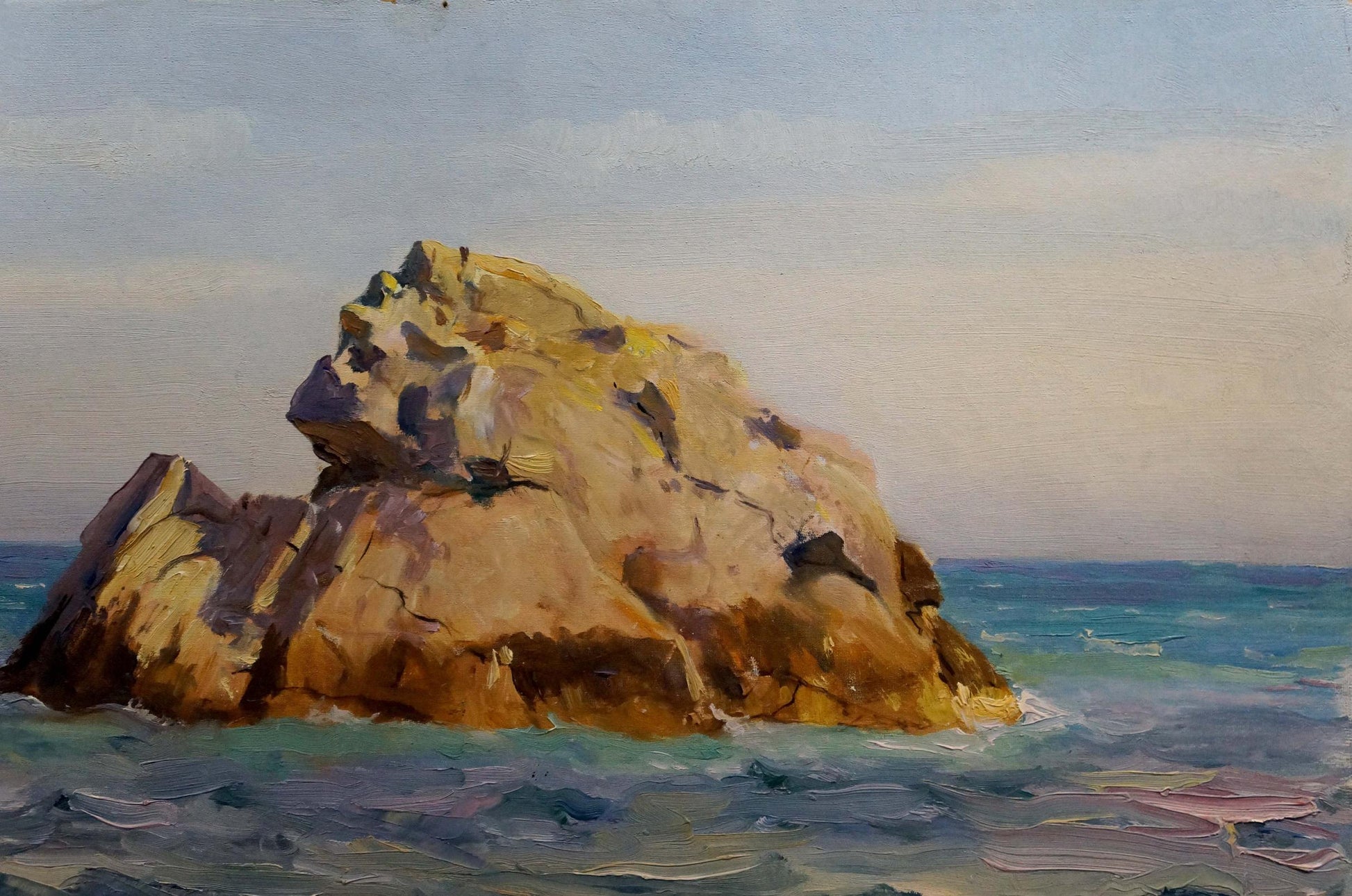 Oil painting of golden-brown rocks in turquoise sea by Vladimir Matyushkov