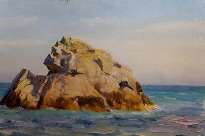 Oil painting of golden-brown rocks in turquoise sea by Vladimir Matyushkov