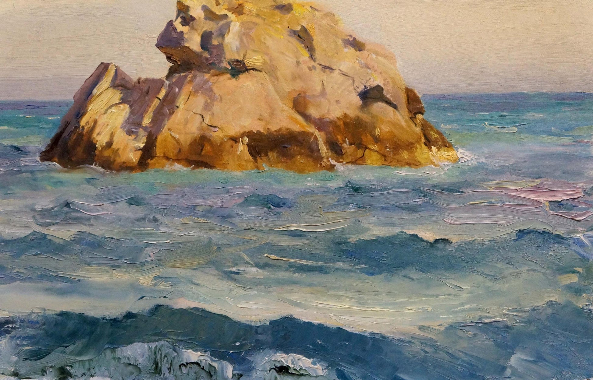 Oil painting Rocks in the sea by Vladimir Matyushkov, golden-brown rocks in turbulent waves