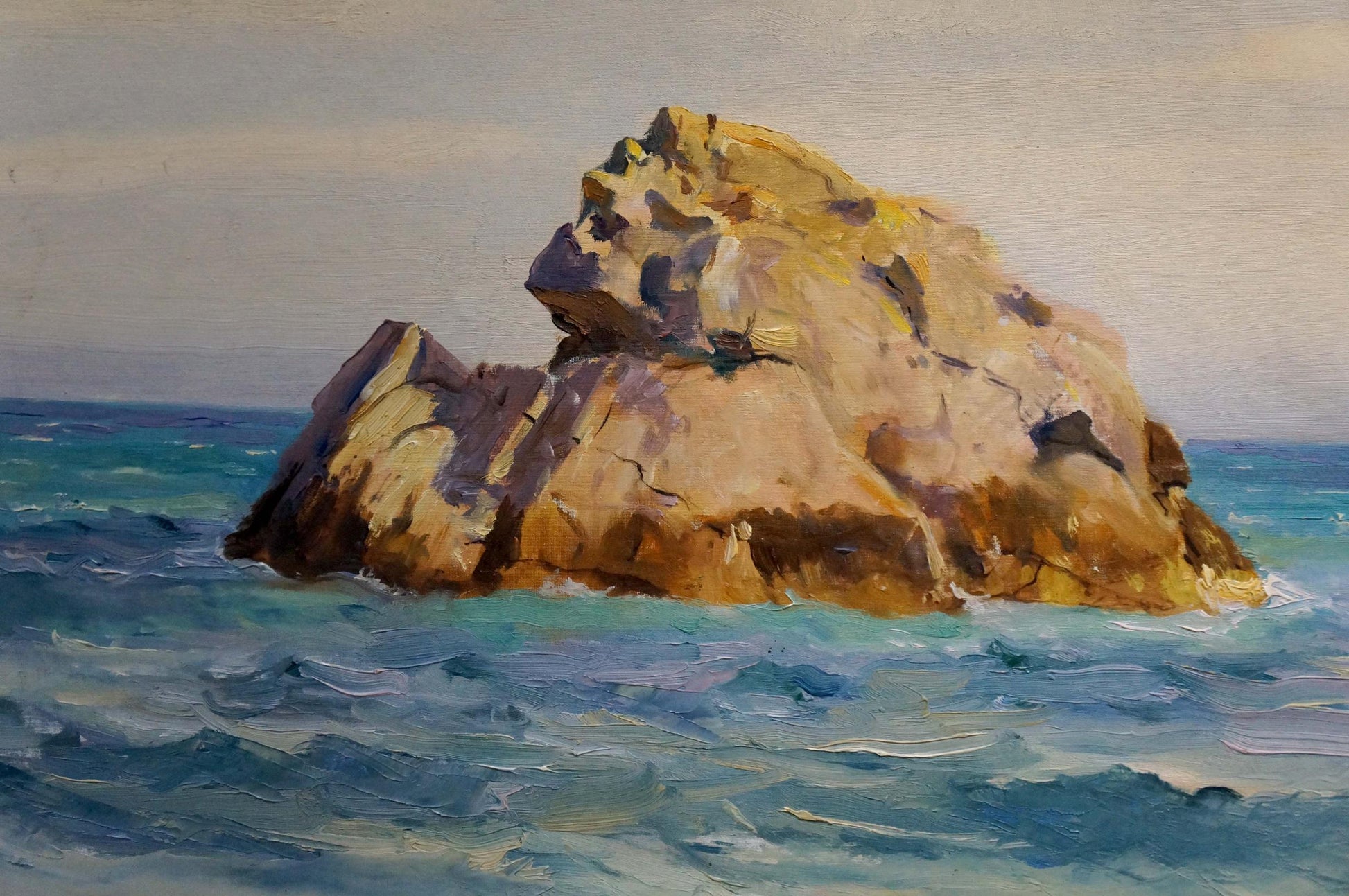 Oil painting of golden-brown rocks in turquoise sea by Vladimir Matyushkov
