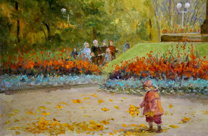 Oil painting by Pyotr Dorofeevich Slyota: child in pink hat, orange coat holding yellow leaves on path