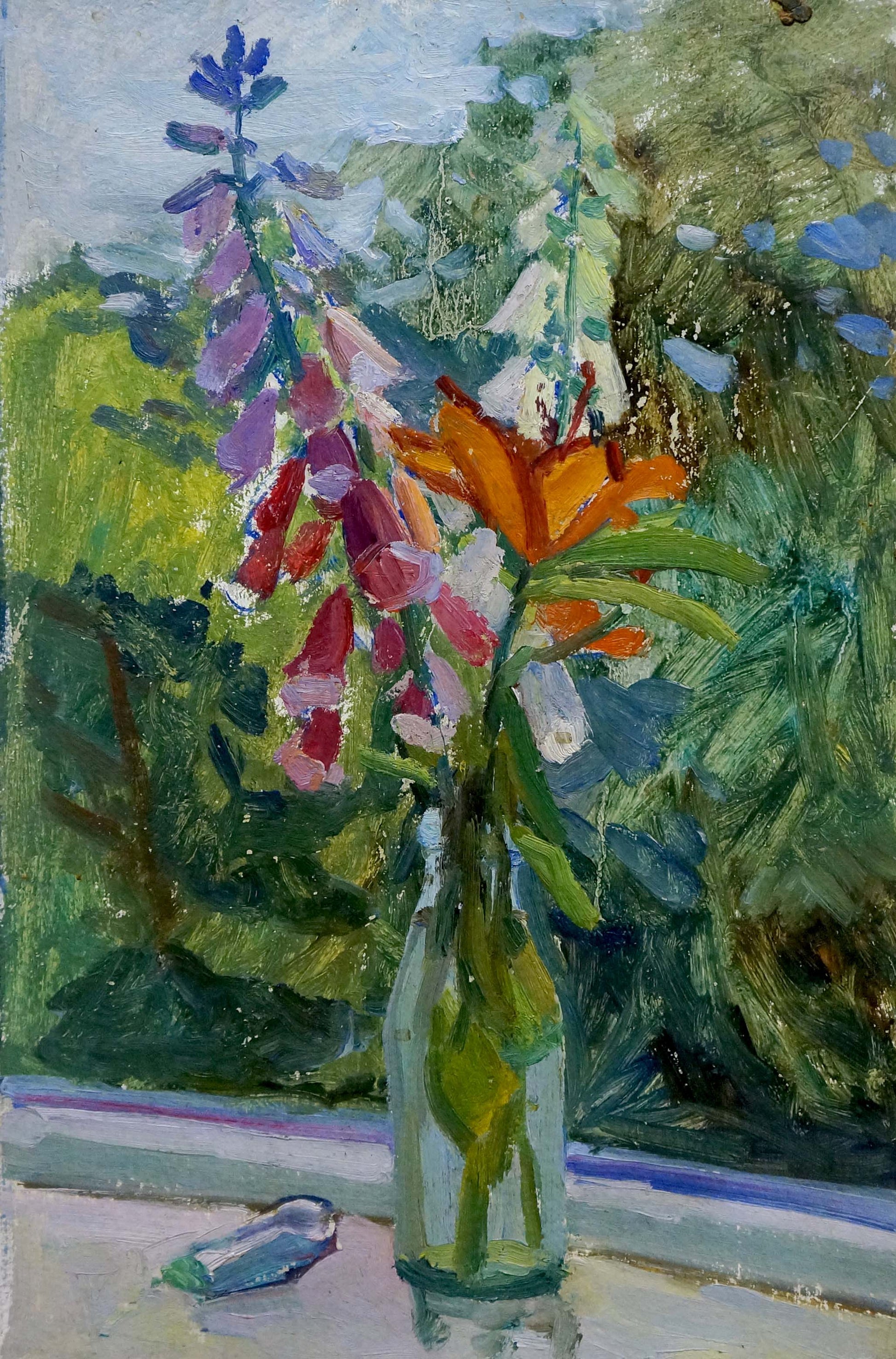Oil painting of vibrant purple pink orange flowers in clear glass bottle vase