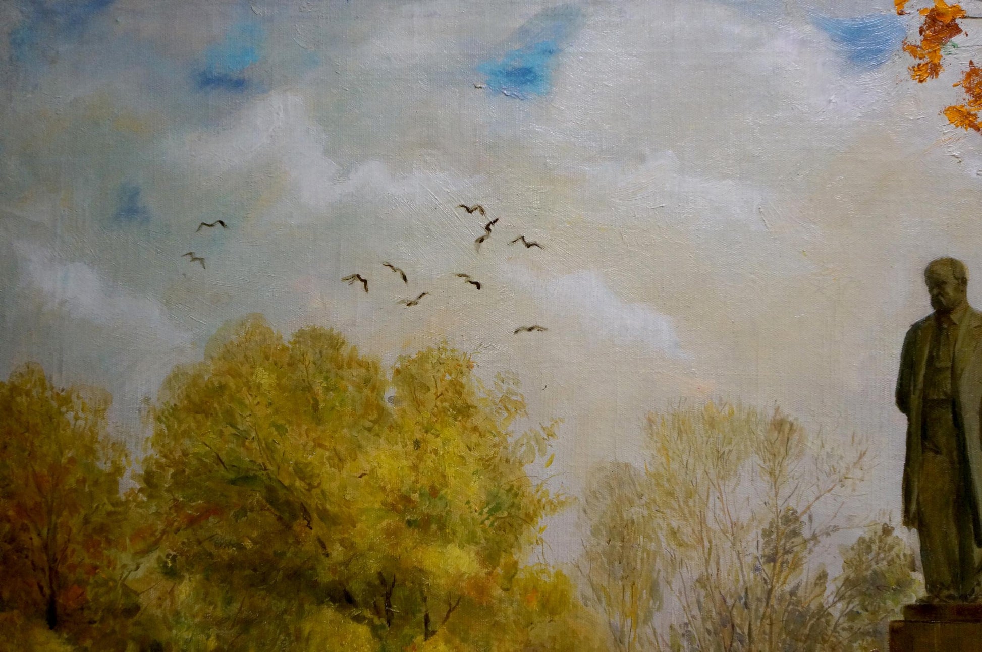 Bronze statue of Pyotr Dorofeevich Slyota in park oil painting, autumn backdrop