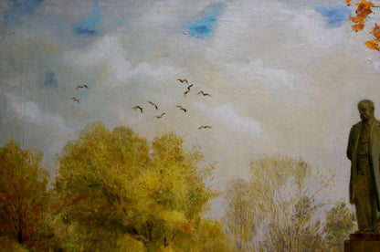 Bronze statue of Pyotr Dorofeevich Slyota in park oil painting, autumn backdrop