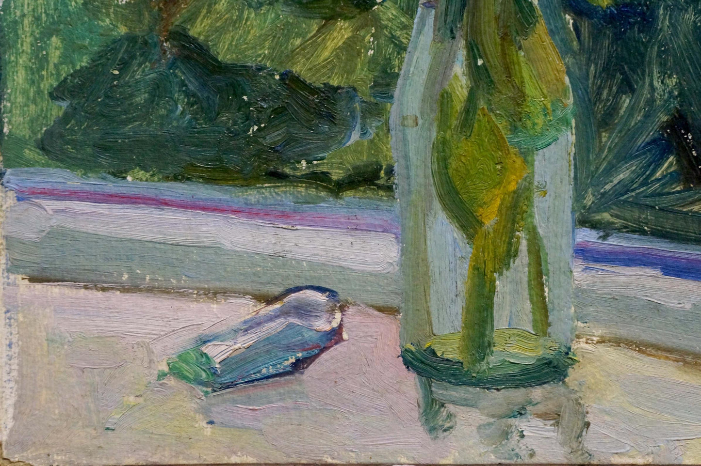 Oil painting Flowers in a bottle with greenish-yellow liquid in tall slender glass