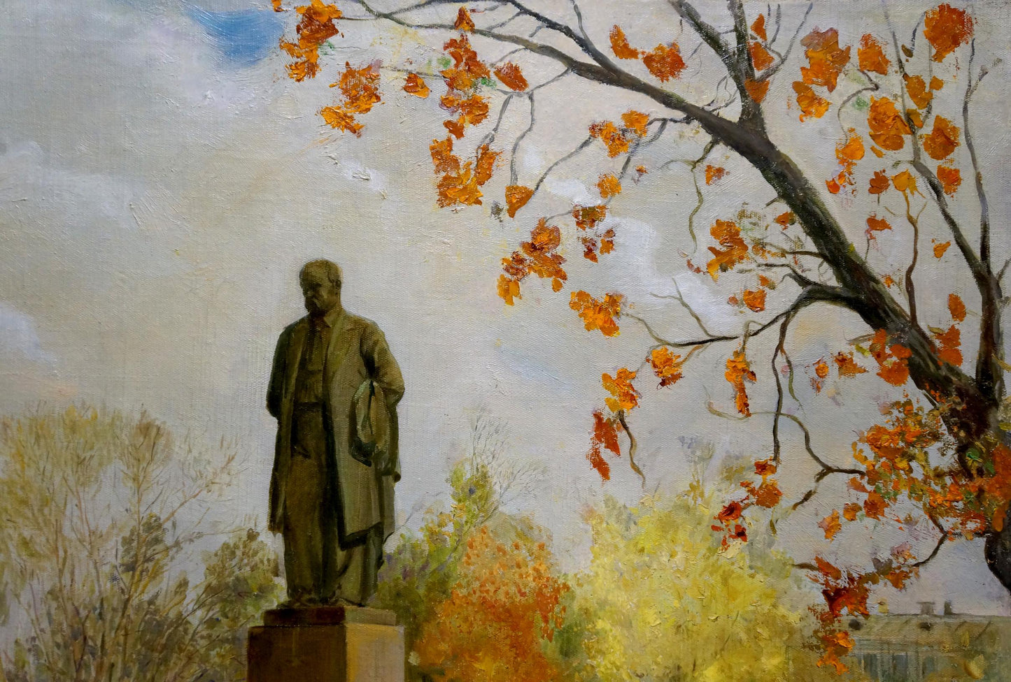 Oil painting of bronze statue in park by Pyotr Dorofeevich Slyota under autumn tree