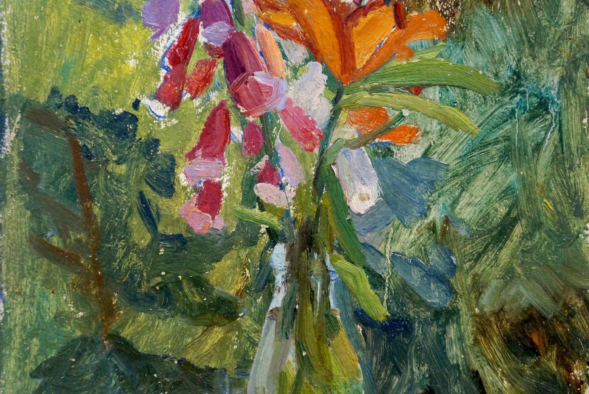 Vibrant oil painting of pink orange foxglove bouquet in bottle