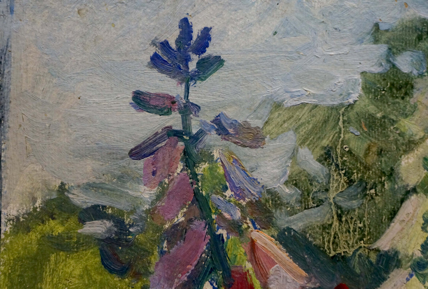 Vibrant purple pink foxglove flower oil painting Flowers in a bottle
