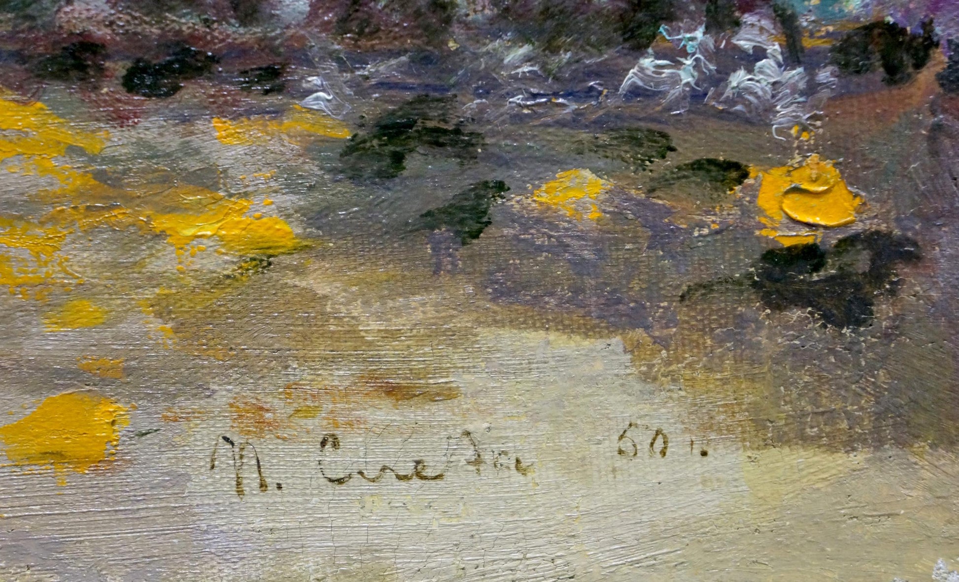 Oil painting A park by Pyotr Dorofeevich Slyota with yellow green brushstrokes signed m