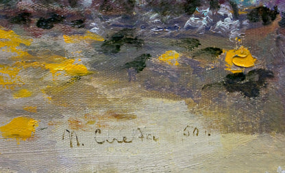 Oil painting A park by Pyotr Dorofeevich Slyota with yellow green brushstrokes signed m