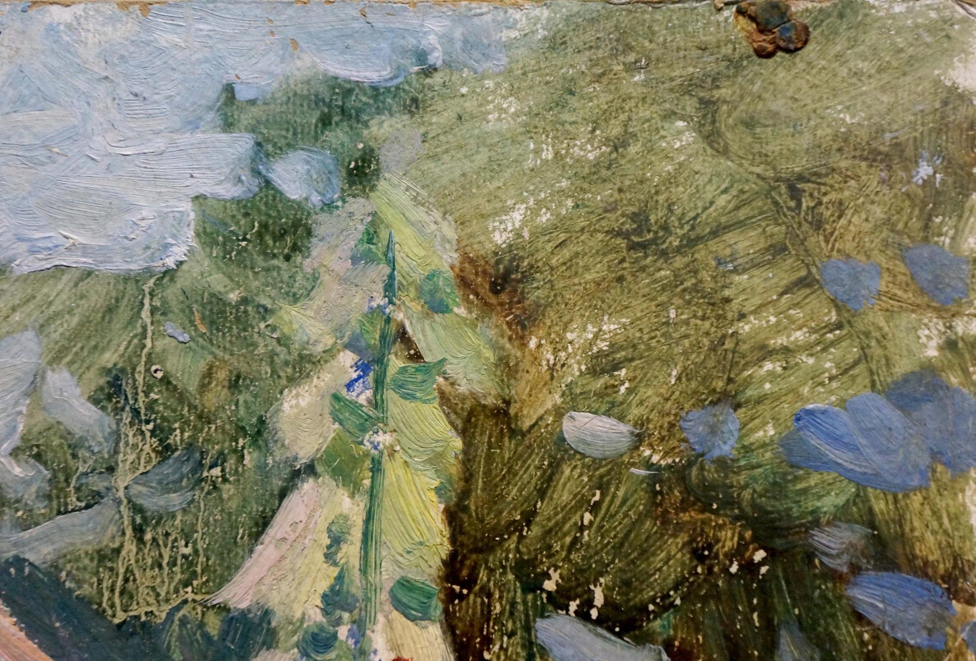 Oil painting Flowers in a Bottle with lush green hills and blue flowers