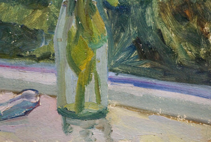 Oil painting of flowers in translucent green glass bottle