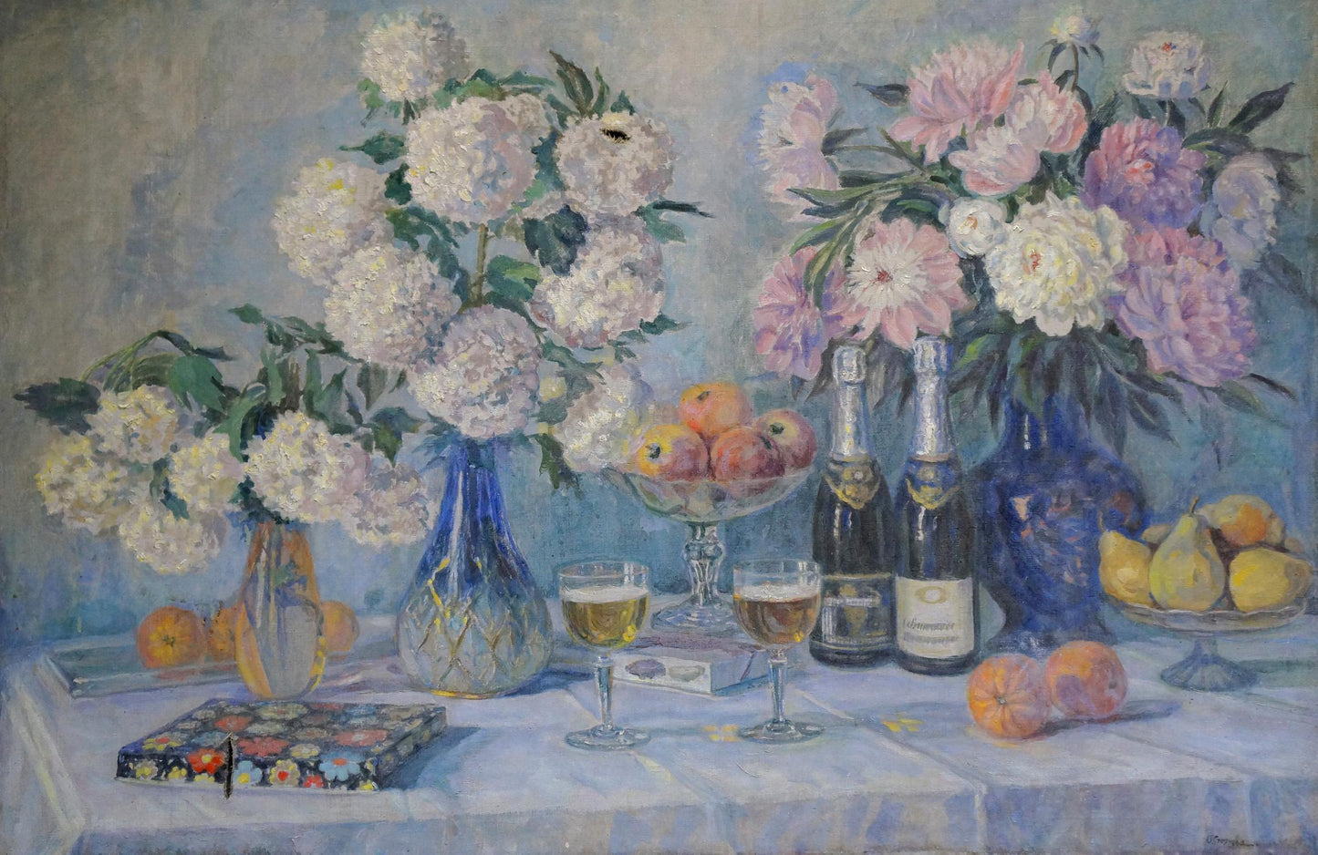 Oil painting of vibrant blue glass vase with white pink peonies by Ivan Stoyanov