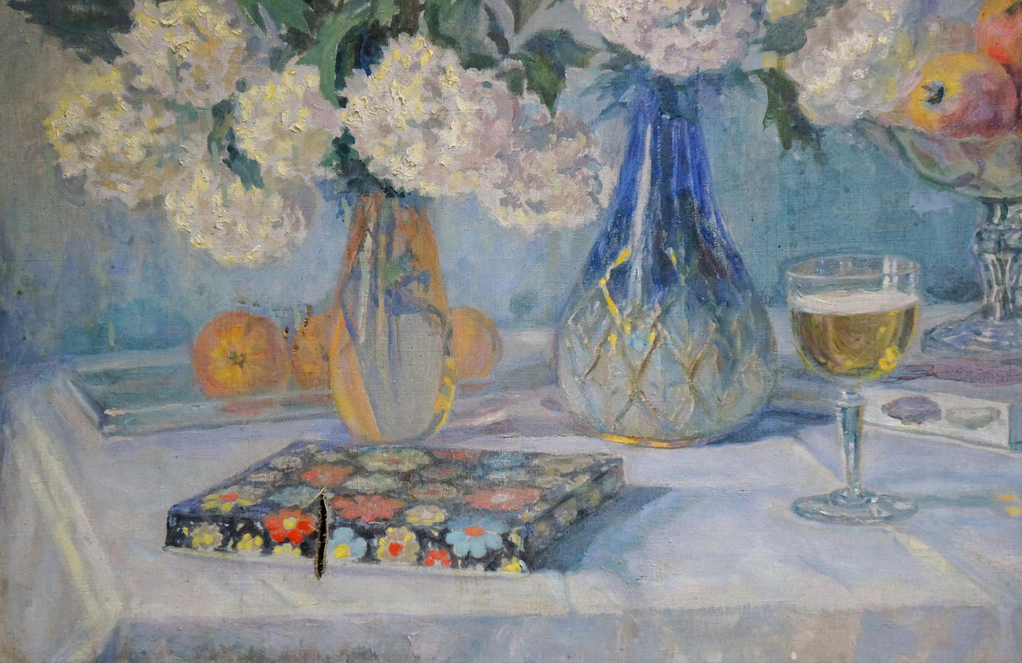 Oil painting Still life by Ivan Stoyanov: blue glass vase with hydrangeas