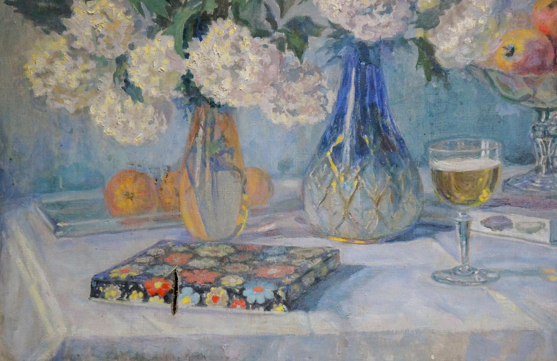 Oil painting Still life by Ivan Stoyanov: blue glass vase with hydrangeas