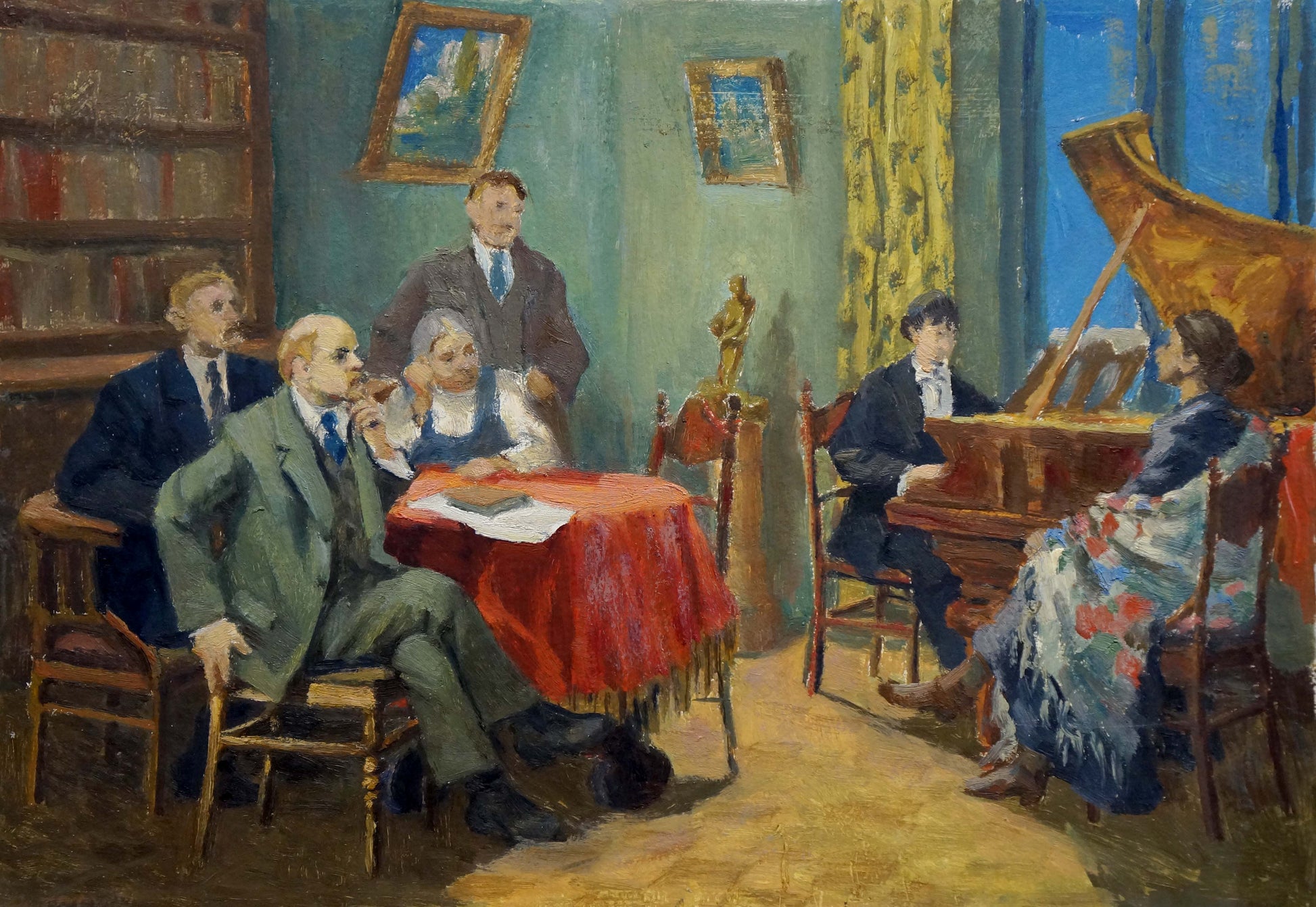Oil painting Speech to Lenin with grand piano in elegant room