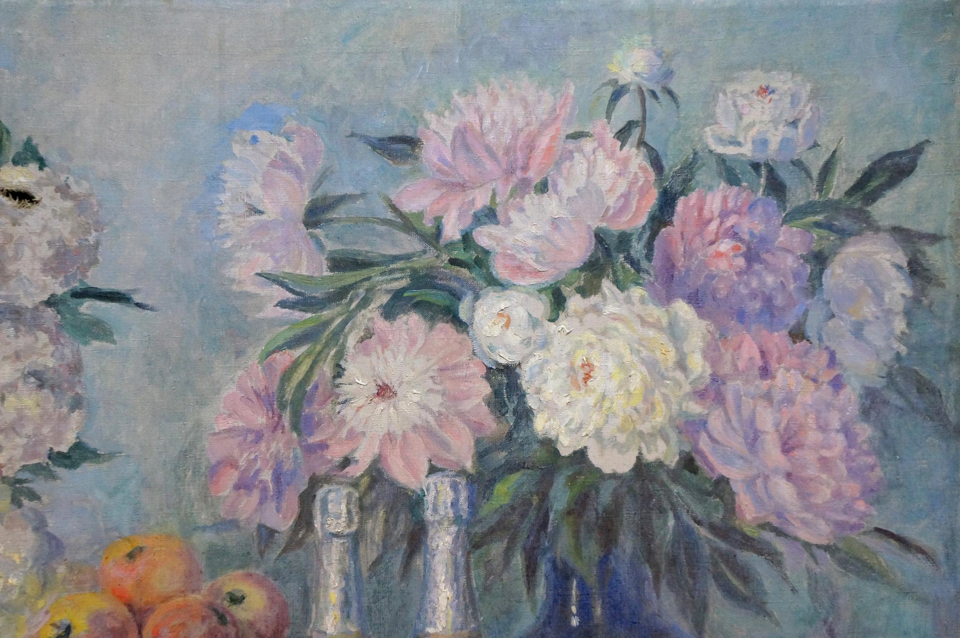 Oil painting of vibrant peonies in pink, lavender, white by Ivan Stoyanov