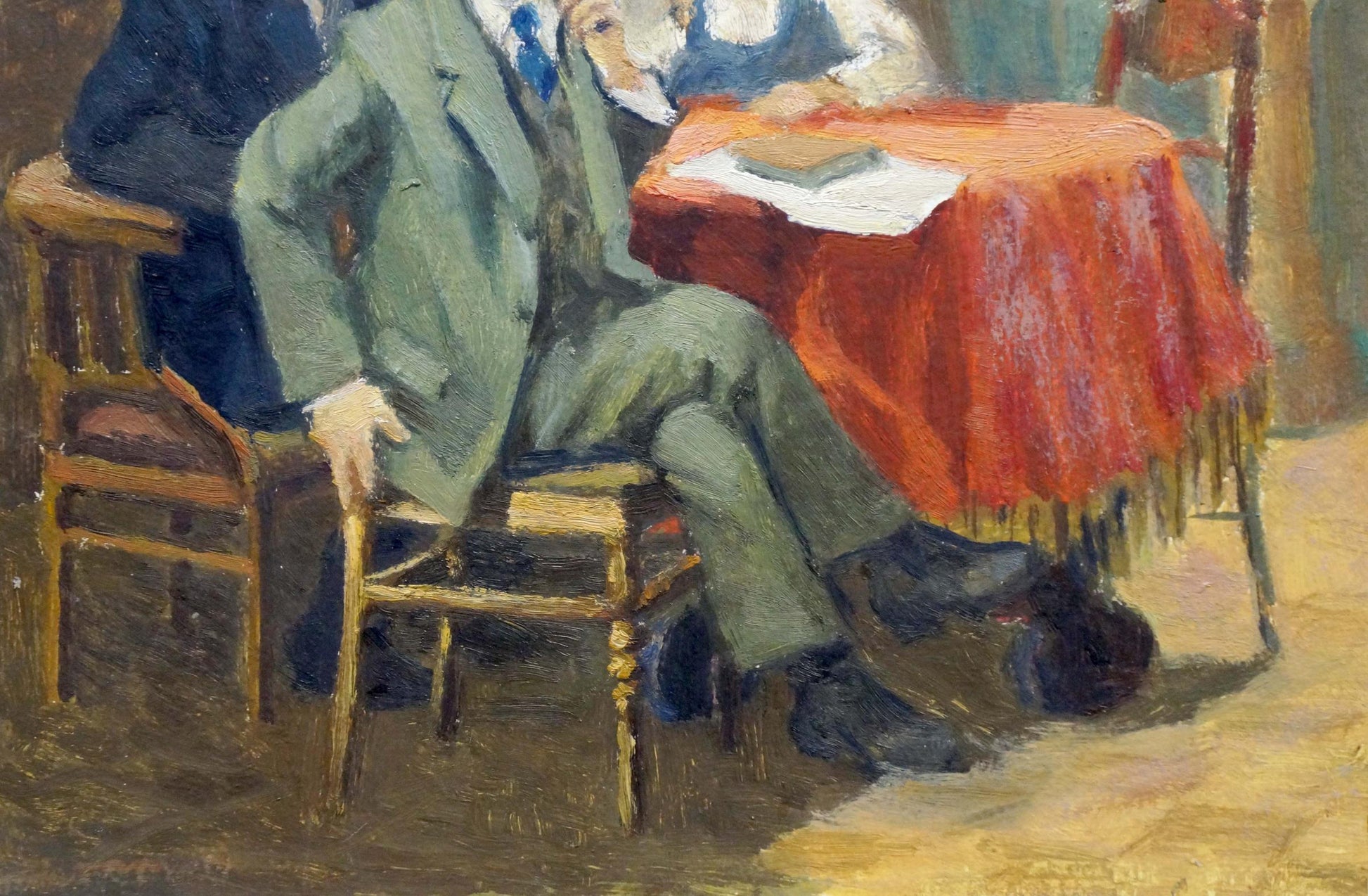 Oil painting Speech to Lenin: man in green suit on wooden chair by orange tablecloth