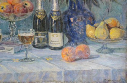 Oil painting by Ivan Stoyanov: two dark green champagne bottles on table
