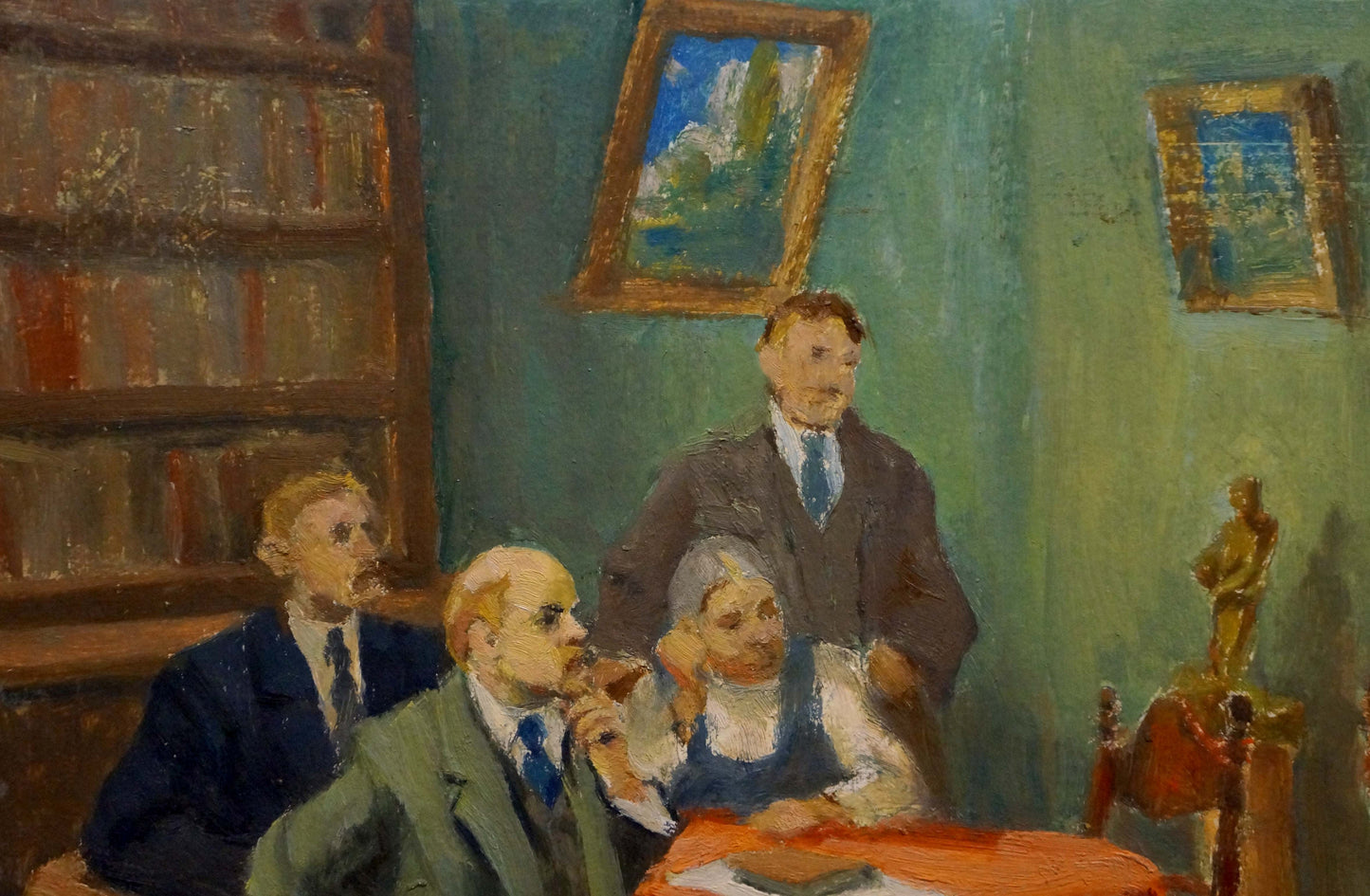 Vintage oil painting of speech to Lenin with four formal figures in library room