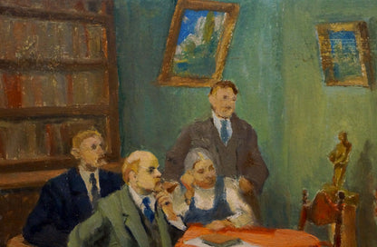 Vintage oil painting of speech to Lenin with four formal figures in library room